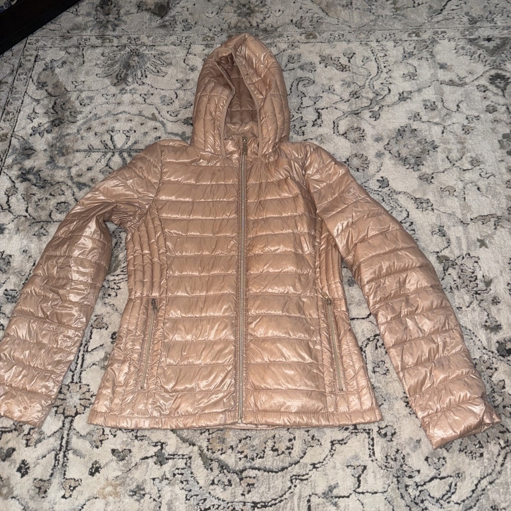 Calvin Klein Packable Light Quilted Down Puffer Jacket Ruffle Hem Champagne M